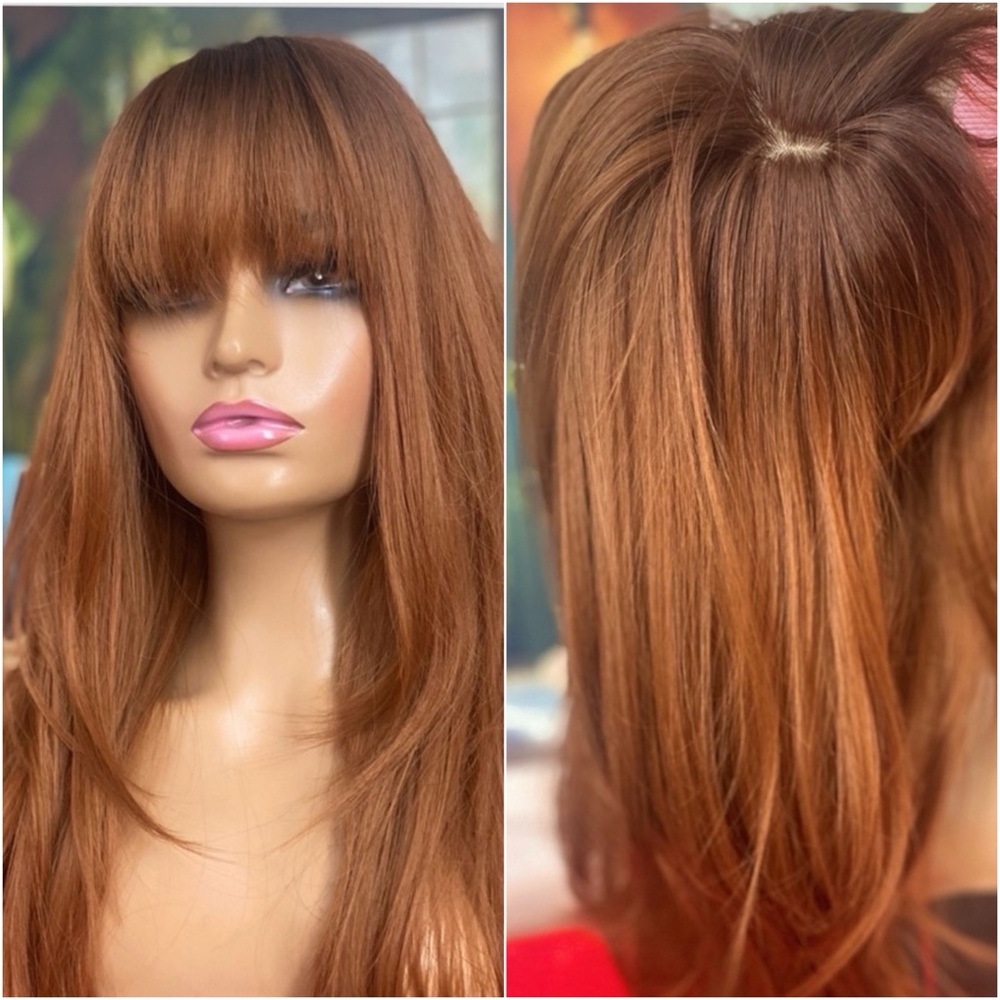 Long Straight Fringe Wig in Warm Copper Brown